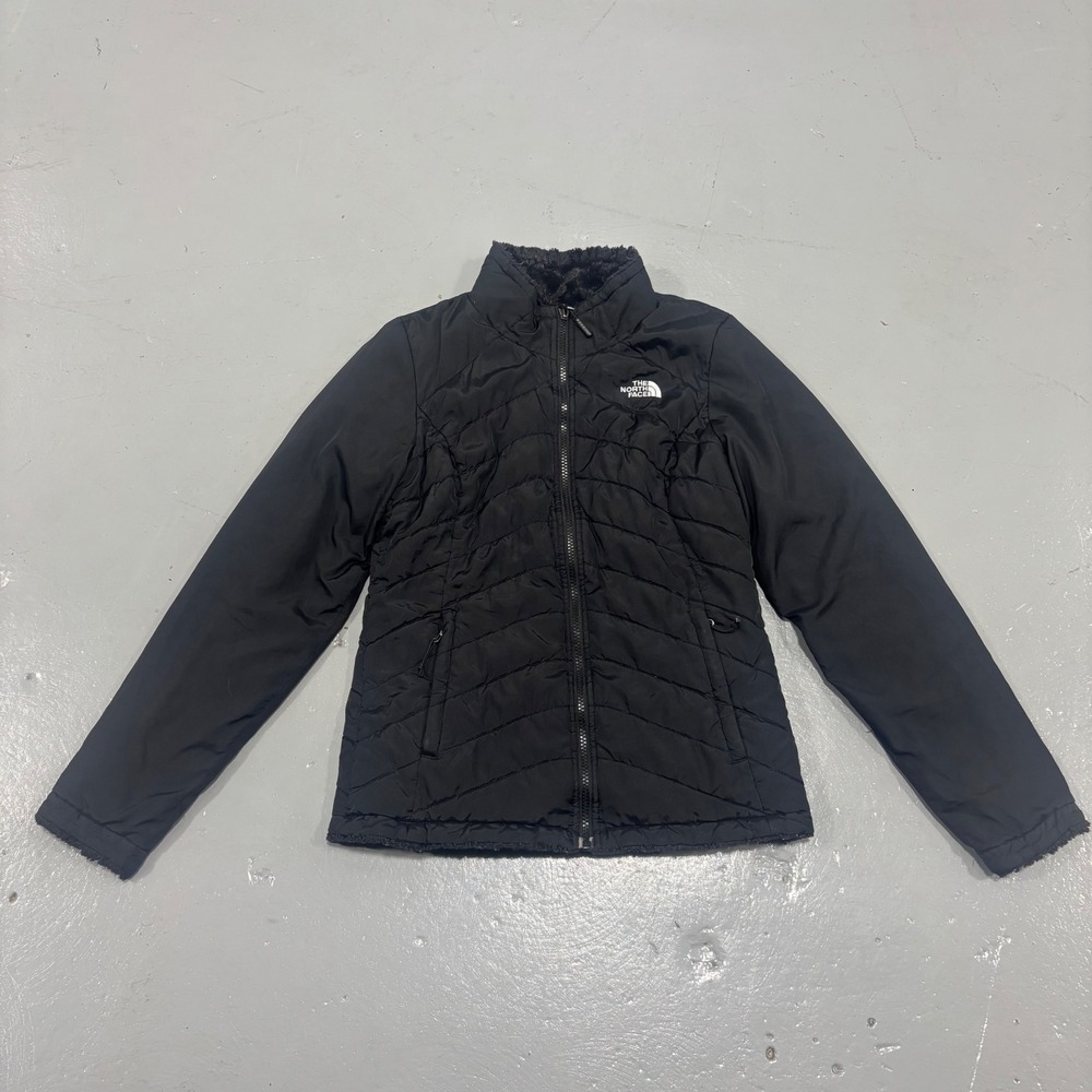 The North Face Reversible Quilted Fleece Jacket Black Full Zip Mock Neck Womens